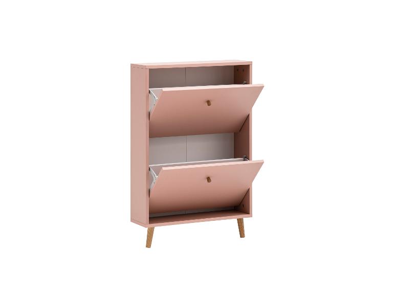 Rosa Schuhschrank mit zwei Kippfächern und Holzbeinen.