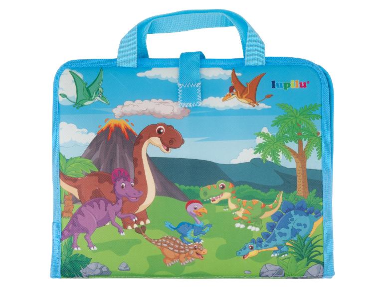 Blaue Tasche mit Griff und Dinosaurier-Zeichnung in prähistorischer Landschaft.