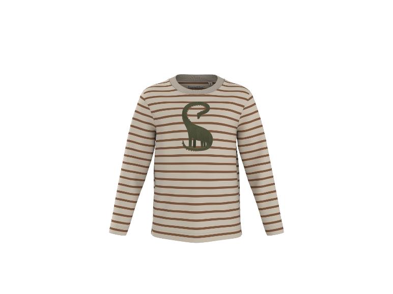 Gestreiftes Langarmshirt für Kinder mit grünem Dinosaurier-Motiv.
