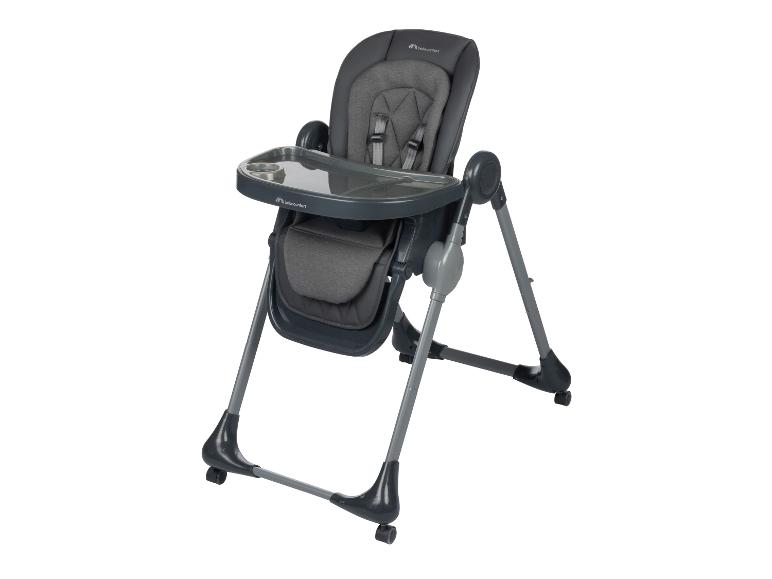 Grauer Babyhochstuhl mit abnehmbarem Tablett und Rollen