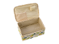 Beige Stoff-Aufbewahrungsbox mit grünem und gelbem Blattmuster, geöffnet.