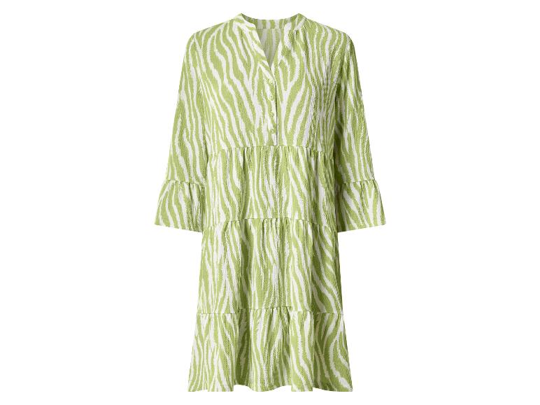 Damen-Midikleid mit grün-weißem Zebramuster, 3/4-Ärmeln und Hemdkragen.