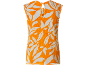 Ärmelloses orangefarbenes Top mit weißem Blättermuster und V-Ausschnitt.