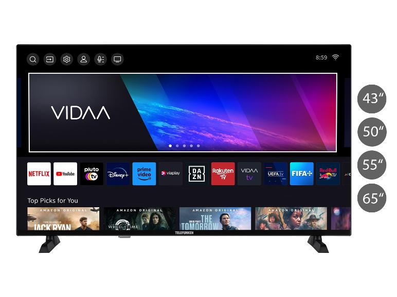 Ein großer Smart-TV mit der VIDAA-Oberfläche und Streaming-Apps wie Netflix und YouTube.