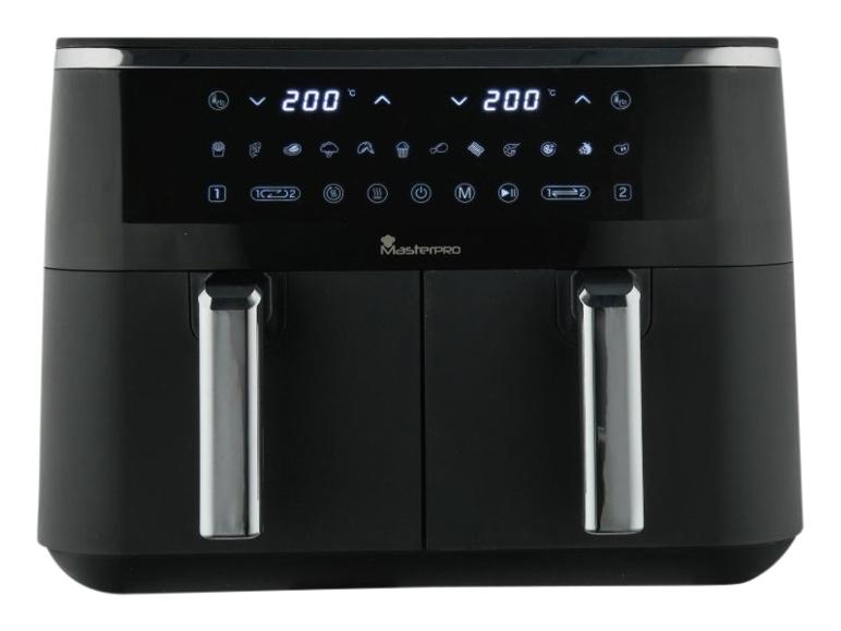 Schwarze Doppelkorb-Heißluftfritteuse mit Digitalanzeige, die 200°C und Kochsymbole anzeigt.