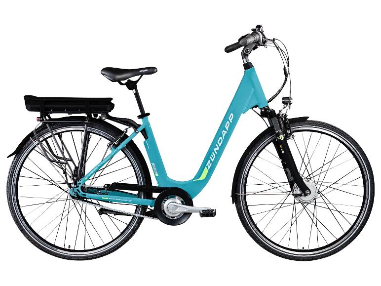 Türkises Zündapp E-Bike mit offenem Rahmen und Gepäckträger.