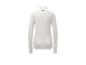 Weißes Langarm-Sportshirt mit Reißverschluss und schwarzem Logo auf dem Rücken.