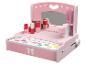 Rosa Kinderschminktisch mit Spiegel, Kosmetik und Zubehör.