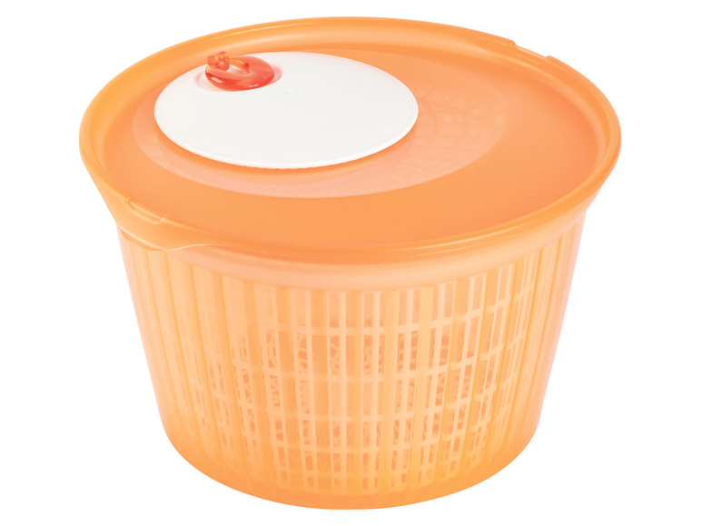 Eine orangefarbene Salatschleuder mit einem weißen Deckel