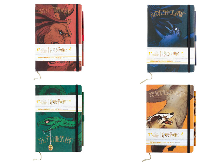 Vier Harry Potter Notizbücher mit passenden Stiften, mit Gryffindor, Ravenclaw, Slytherin und Hufflepuff.