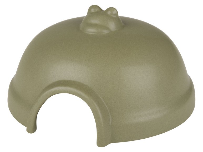 Ein grünes Versteck für Reptilien mit Frosch-Dekor.