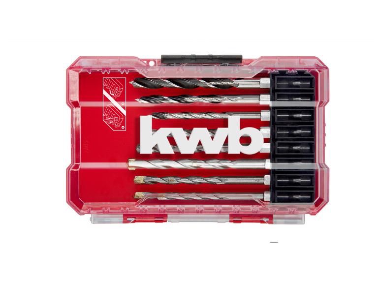 Bohrer- und Bit-Set in einer roten, transparenten Box.
