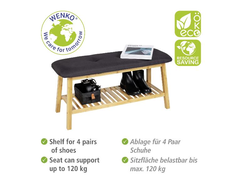 Bambus-Schuhbank mit grauem Sitz, Schuhablage und Textilkorb.
