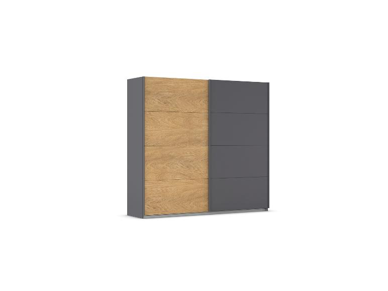 Zweifarbiger Schiebetürenschrank in heller Holz- und dunkelgrauer Ausführung.