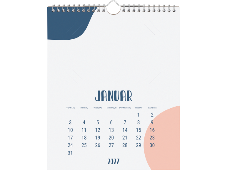 Wandkalender mit Januar 2027 Layout, mit blauen und pfirsichfarbenen Akzenten.