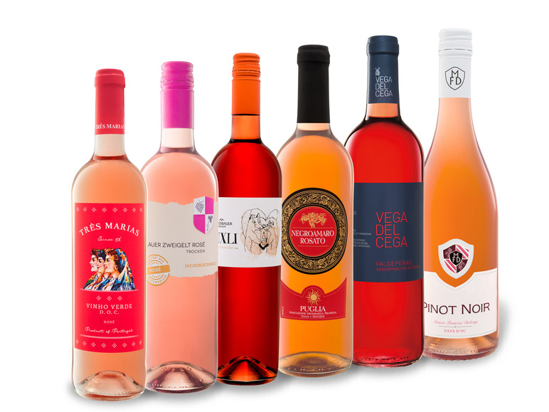 Gehe zu Vollbildansicht: 6 x 0,75-l-Flasche Gemischtes Paket Internationale Frühlingsweine Rosé trocken - Bild 1