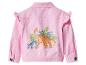 Rosa Kinder-Jeansjacke mit Dinosaurier- und Tropenblatt-Print auf dem Rücken.