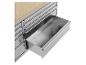Werkbank mit Metallschubladen und Holzplatte, eine Schublade offen.