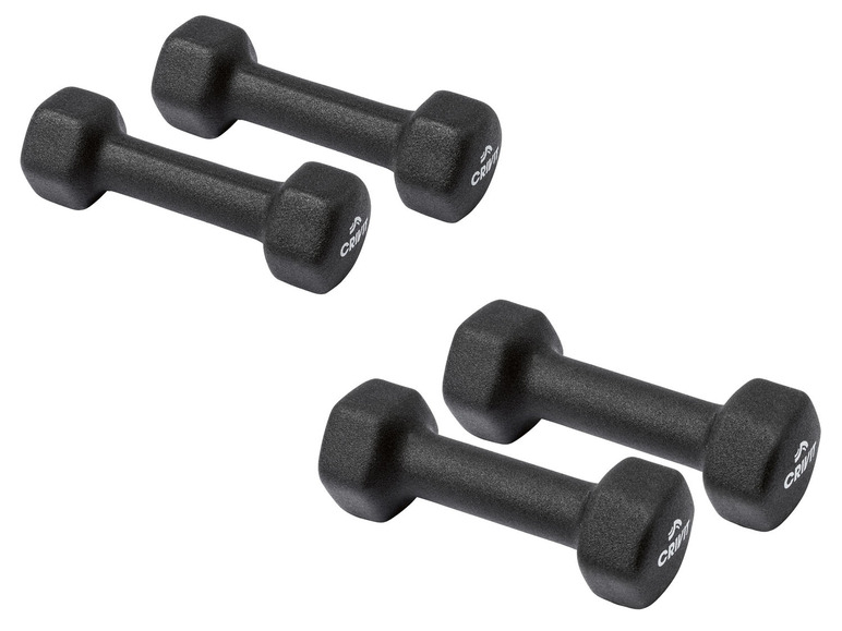 Vier schwarze Crwth Hanteln für Fitness.