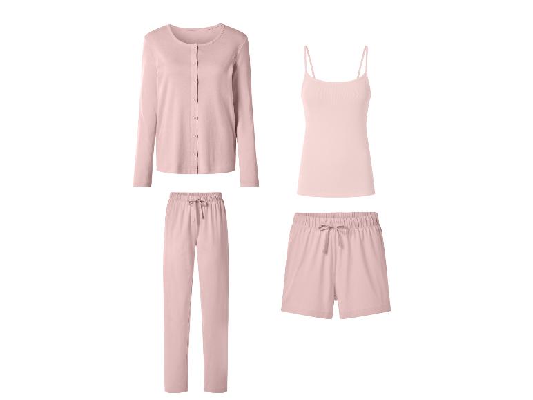 Hellrosa Pyjama-Set mit Strickjacke, Top, langer Hose und Shorts.
