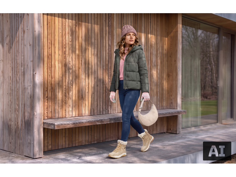 Frau in rosa Mütze, grüner Steppjacke, Jeans und beigen Stiefeln im Freien.