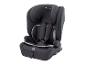 Schwarzer Kinderautositz mit Fünfpunktgurt und verstellbarer Kopfstütze.