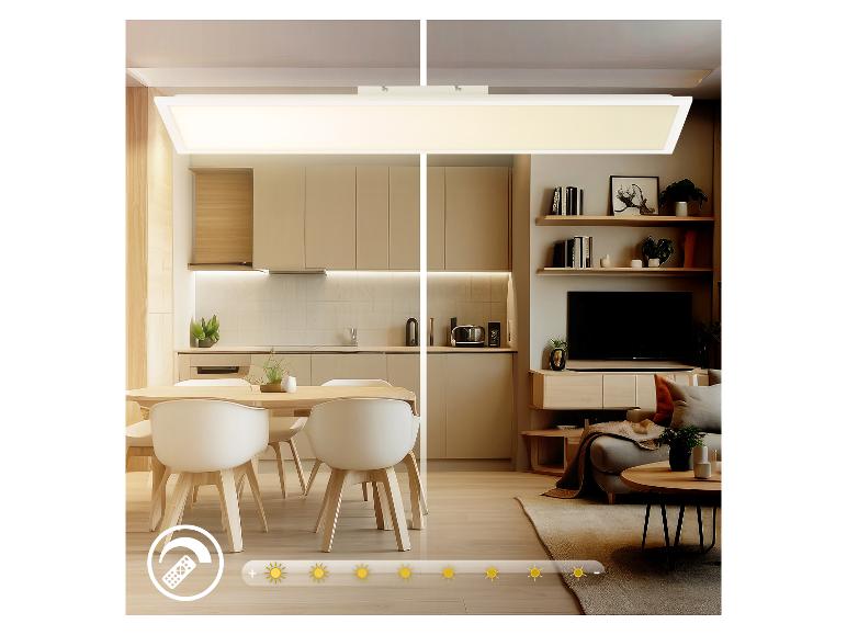 Deckenleuchte mit einstellbarer Helligkeit in moderner Küche und Wohnzimmer.