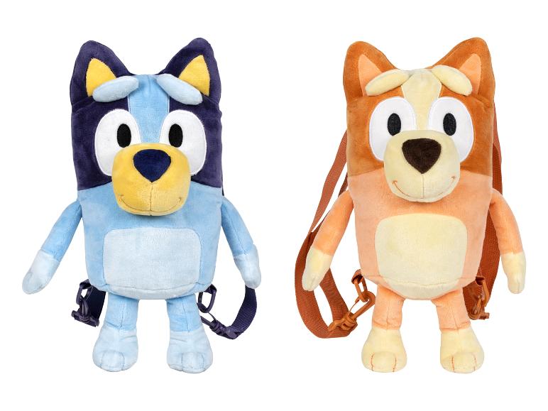 Zwei Plüschrucksäcke in Form der Charaktere Bluey und Bingo.