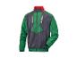Grüne und dunkelgraue Jacke mit rotem Kragen und weißem Text auf der Brust.