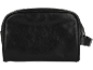 Schwarze Kulturtasche mit strukturierter Oberfläche und seitlichem Griff.