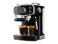 Kaffeemaschine mit zwei Espressotassen, schwarz mit Chromdetails.