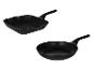Zwei schwarze Pfannen, eine Grillpfanne und eine Bratpfanne, auf weißem Hintergrund.