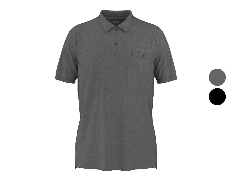 Dunkelgraues Poloshirt mit Brusttasche und Knöpfen, mit grauen und schwarzen Farboptionen.