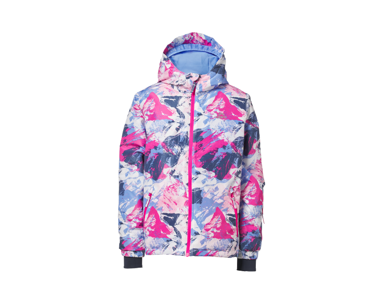 Kinder-Winterjacke mit farbenfrohem abstraktem Druck und rosa Reißverschluss.