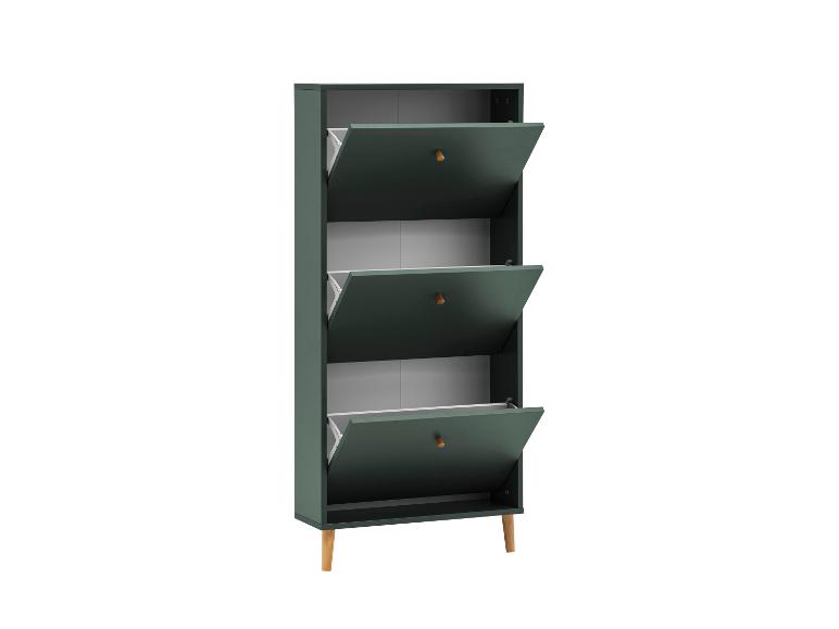 Grüner Schuhschrank mit drei Kippfächern und Holzgriffen.