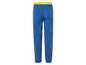 Blaue Jogginghose mit gelbem Bund und roten Streifen.