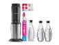 Sodastream Wassersprudler mit CO2-Zylinder und drei Flaschen Sprudelwasser.