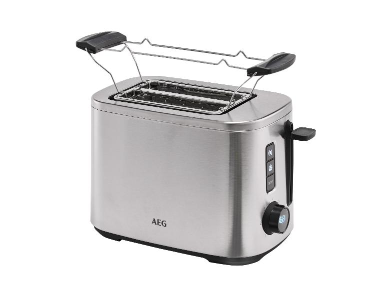 Edelstahl-Toaster mit zwei Schlitzen und Brötchenaufsatz.