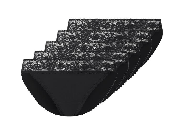 Fünferpack schwarze Slips mit floralen Spitzendetails.