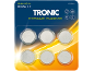 Sechs CR 2016 Knopfzellen, 80 mAh, 3 V, in Verpackung mit Anwendungs-Symbolen.