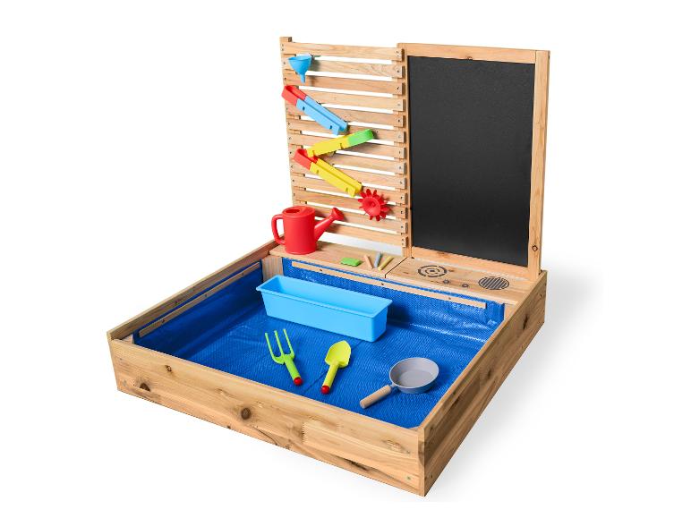 Holz-Sand- und Wassertisch mit Wasserspiel, Kreidetafel und Spielzubehör