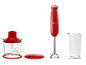 Rotes Stabmixer-Set mit Zerkleinerer und Messbecher.