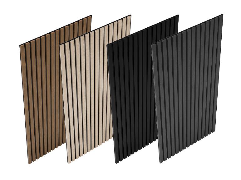 Vier Wandpaneele in verschiedenen Farben: Braun, Beige, Schwarz und Dunkelgrau.