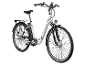 Weißes Elektrofahrrad mit schwarzem Sattel, Gepäckträger und Vorder- und Rücklichtern.
