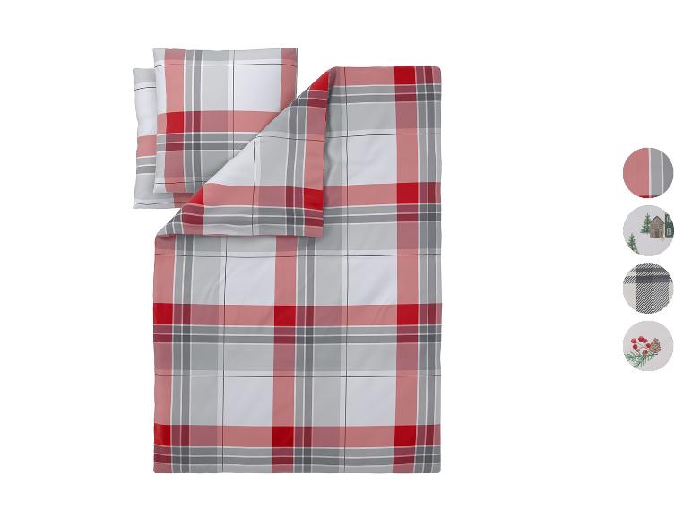 Bettwäsche-Set mit rot-grau-weißem Karomuster, mit passenden Kissen.