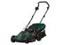 PARKSIDE Rasenmäher in Grün und Schwarz mit roten Akzenten.
