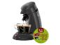 Kaffeemaschine mit zwei Tassen Kaffee und Angebot für gratis Pads und Gläser.