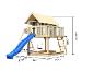 Holzspielplatz mit Spielhaus, blauer Rutsche, Schaukeln und Sandkasten, mit Maßen.