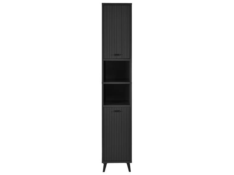 Hoher, schmaler Badezimmerschrank in Schwarz mit gerillten Türen und offenen Fächern.