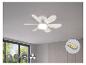 Weißer Deckenventilator mit LED-Licht, Fernbedienung und Funktionssymbolen.